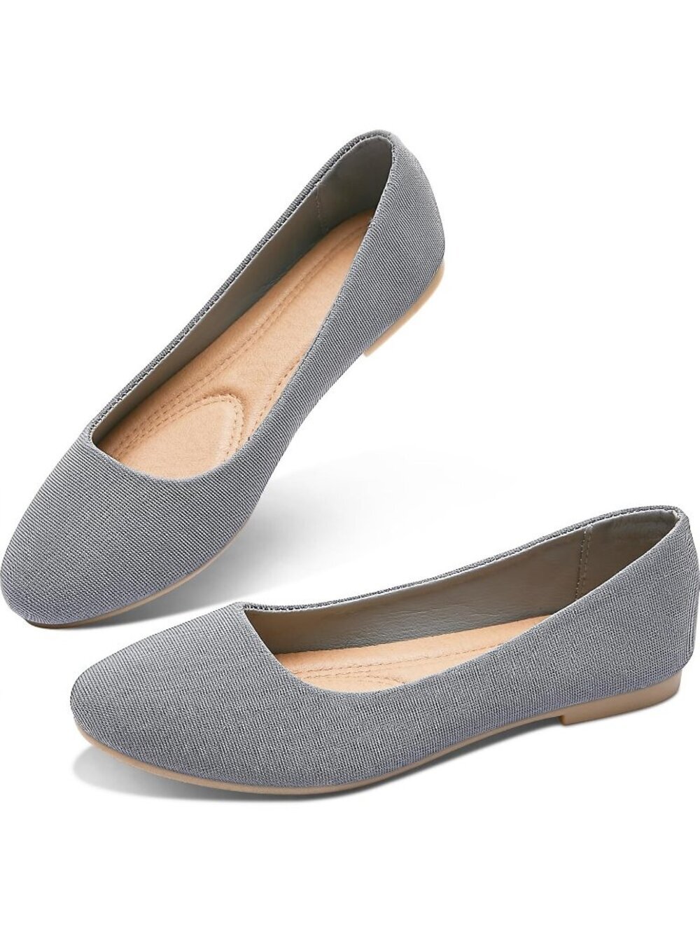 Women's Grey Textile Round Toe Flats Slip On Stable Black Ballet Dress Shoes